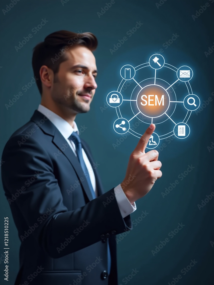 Businessman Points To Sem Related Icons, Symbolizing Search Engine Optimization Marketing Ranking And Online Advertising Digital Marketing Strategies. 00003 Businessman Points To Sem Related Icons, Symbolizing Search Engine Optimization Marketing Ranking And Online Advertising Digital Marketing Strategies. 00003
