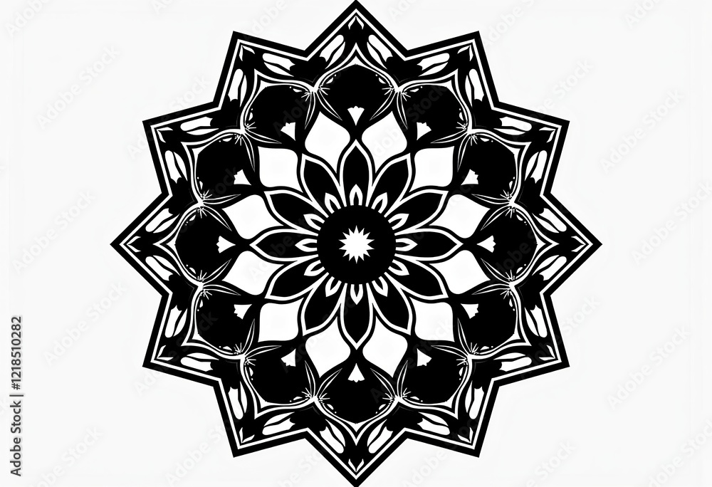 Fototapeta premium Intricate Mandala Icon: Geometric Sacred Symbol in Solid Black Line on Pure White Background, spiritual art, meditative design, yoga pattern, ethnic element, graphic,