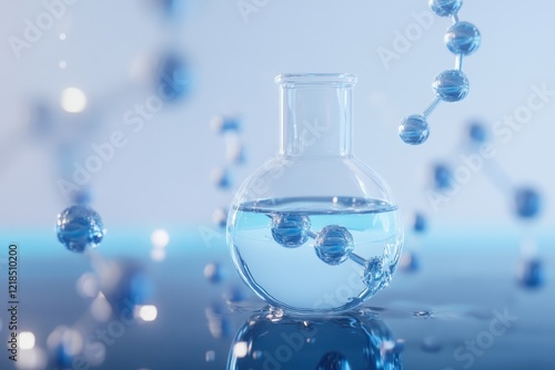 Chemistry experiment with molecular structures and glass flask filled with liquid photo