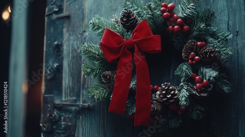 Festive Christmas wreath on rustic door, warm interior glow. Holiday decoration, winter season photo