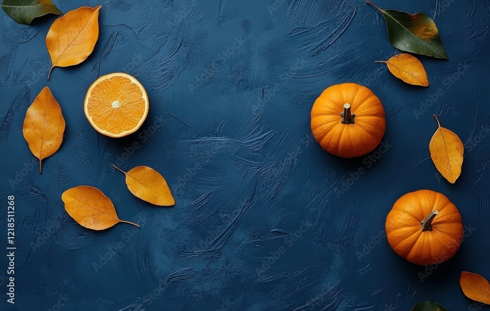 Vibrant Autumn Composition Featuring Pumpkins, Fresh Orange, and Fallen Leaves on Deep Blue Background for Seasonal and Harvest Themes Vibrant Autumn Composition Featuring Pumpkins, Fresh Orange, and Fallen Leaves on Deep Blue Background for Seasonal and Harvest Themes