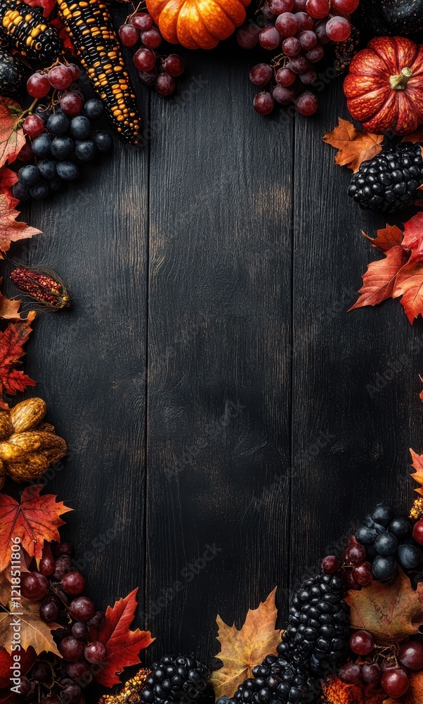 Vibrant Autumn Harvest Arrangement Featuring Colorful Pumpkins, Fresh Grapes, Corn, and Leaves on a Dark Wooden Background for Seasonal Decoration Vibrant Autumn Harvest Arrangement Featuring Colorful Pumpkins, Fresh Grapes, Corn, and Leaves on a Dark Wooden Background for Seasonal Decoration
