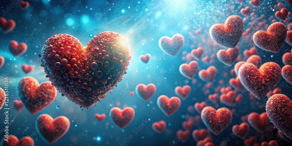 Naklejka premium A cluster of red heart-shaped particles suspended in mid-air, surrounded by a soft blue glow, with intricate details and texture , science fiction, energy