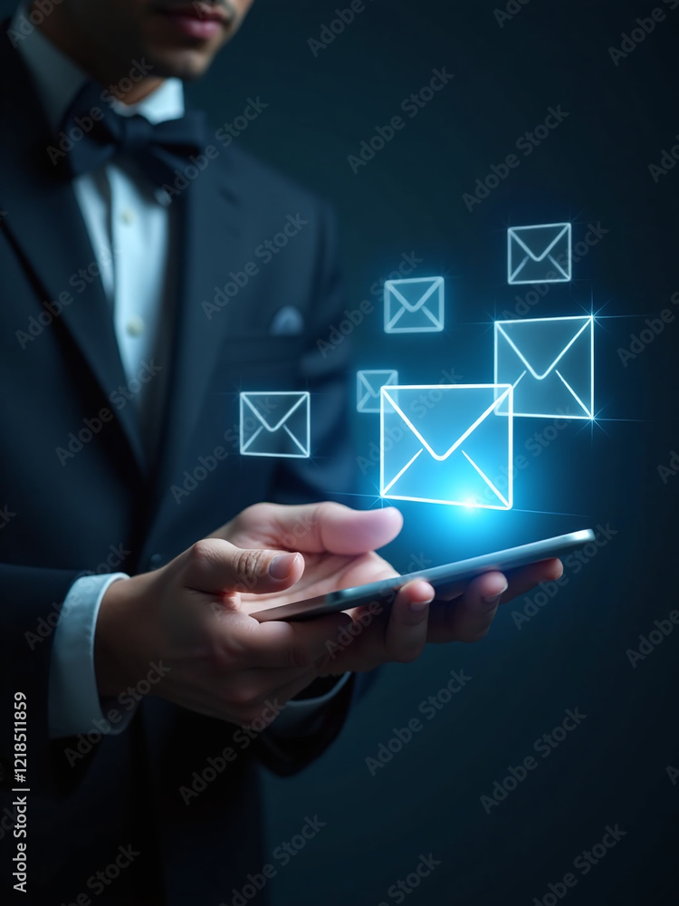 Business People Receive Electronic Message Alerts From New Email Notifications In Their Virtual Inbox Screens Through Internet Technology Instantly. 00003