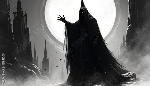 Hooded Prophet Overlooking Dark Spired City Under Massive Moonlight