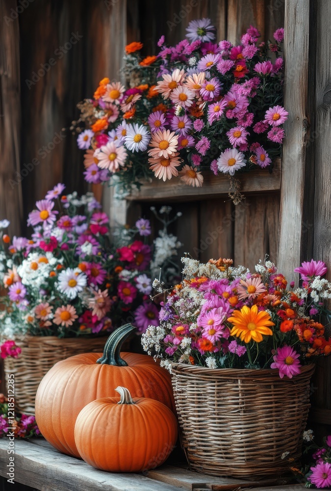 Naklejka premium Vibrant Autumn Harvest Display with Colorful Flowers and Pumpkins Arranged Beautifully in Rustic Wooden Shelves and Baskets