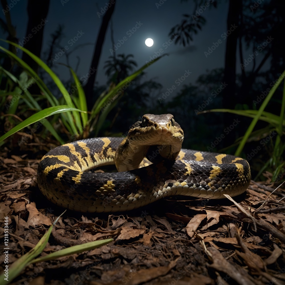 Fototapeta premium Moonlit Ambush: Bothrops Snake with Glowing Eyes in a Nocturnal Scene
