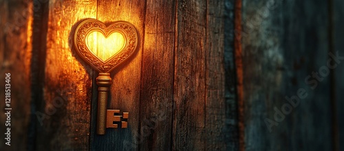 Wallpaper Mural Enchanting golden key on wooden wall, illuminated by warm light Torontodigital.ca