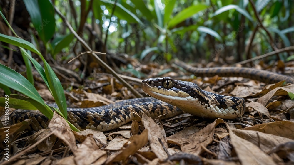 Naklejka premium Stealth in Nature: Bothrops Snake in Ambush Among Leaves and Debris