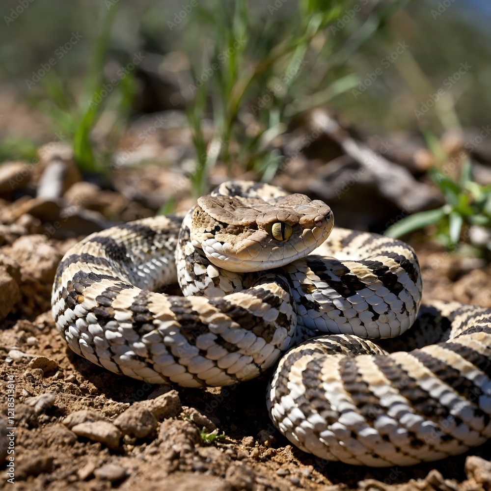 Horned Viper in Ambush Position Camouflaged in Desert Vegetation, Poised to Strike Horned Viper in Ambush Position Camouflaged in Desert Vegetation, Poised to Strike