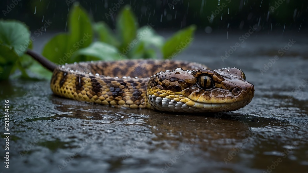 Horned Viper Coiled Among Blooming Desert Flowers, Creating a Striking Contrast with Flora Horned Viper Coiled Among Blooming Desert Flowers, Creating a Striking Contrast with Flora