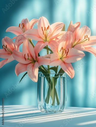 glass pot with a bunch of pink lilies on a white table,  photo