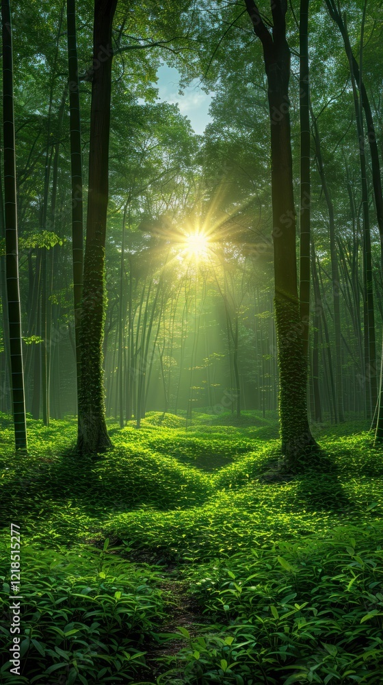 Obraz premium Magical Sunrise in a Lush Green Forest
