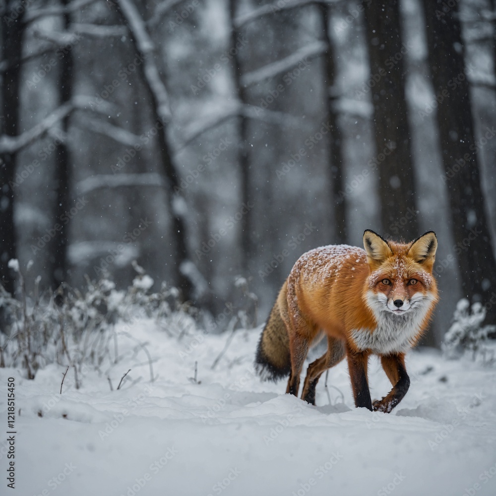 Fototapeta premium A fox walking through snow, side-view, full-body, with a blurred snowy forest.
