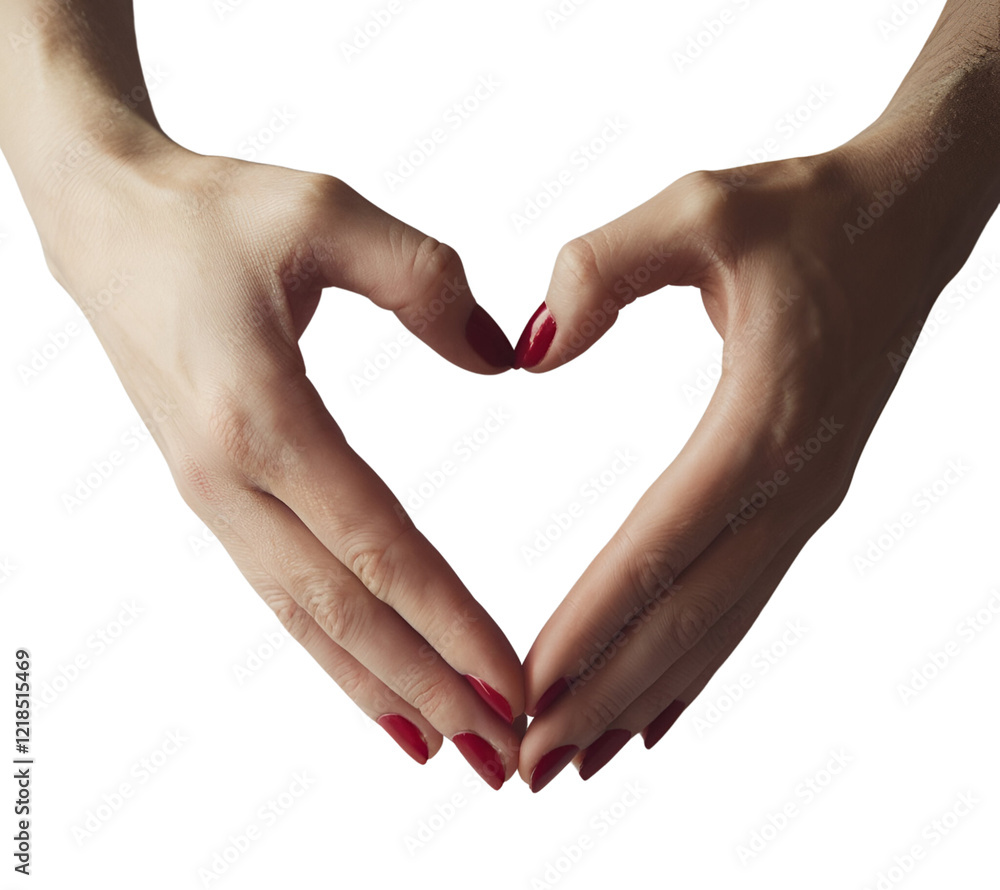 Fototapeta premium Hands forming a heart shape,symbolizing love and care isolated on a white background with closeup of fingers showing a romantic gesture Elegant women s hands with Red
