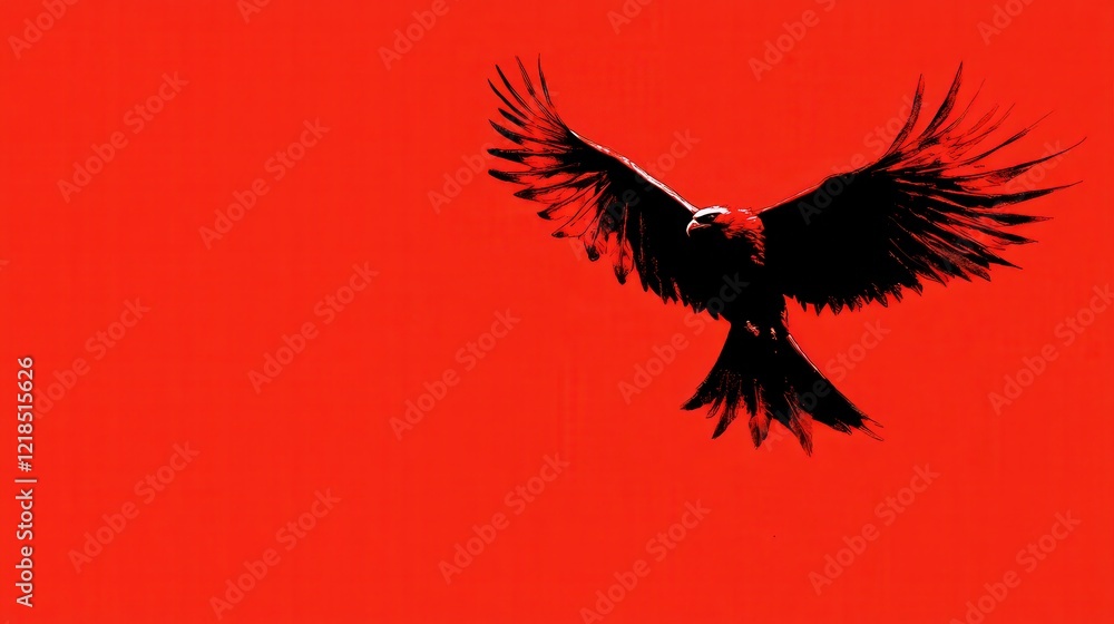 Fototapeta premium Majestic bird of prey soaring against a vivid red backdrop with outstretched wings