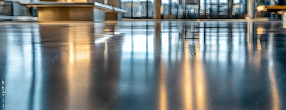 Polished floor reflects modern lobby Polished floor reflects modern lobby