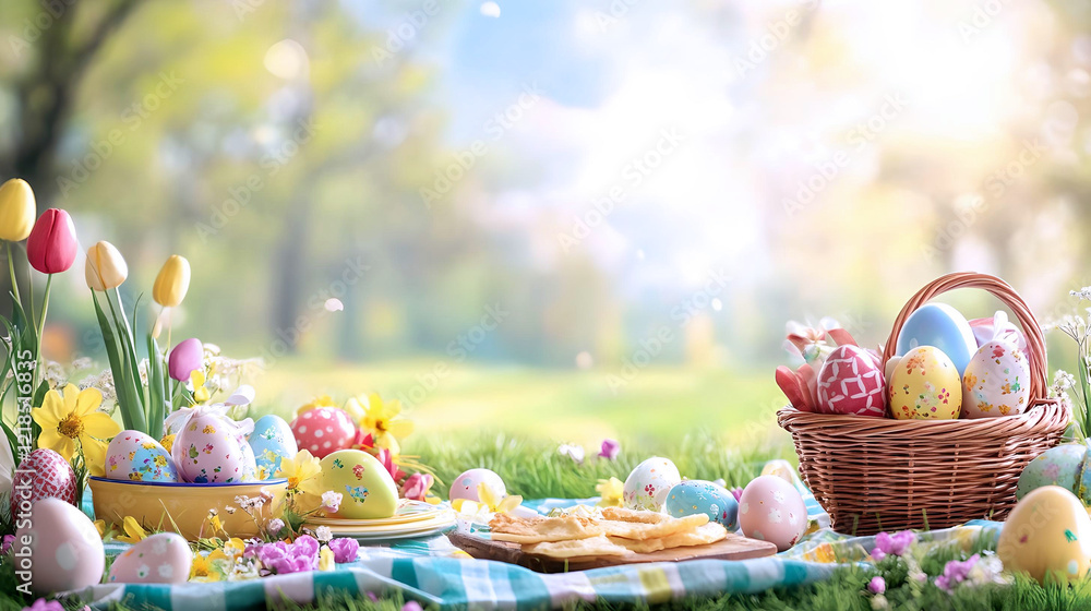 Easter picnic with colorful eggs and tulips
Easter picnic with colorful eggs and tulips