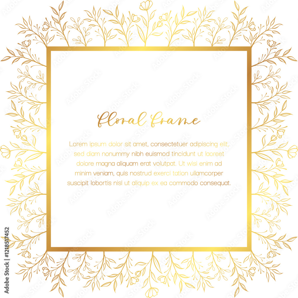 Square foliage golden wreath with floral branches. Elegant rustic invitation frame for wedding card. Square foliage golden wreath with floral branches. Elegant rustic invitation frame for wedding card.