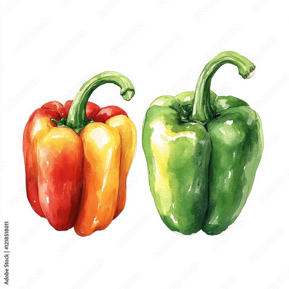 watercolor-style peppers green red yellow watercolor-style peppers green red yellow