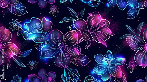 Neon hibiscus flower Pattern on a black background