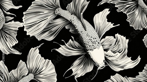 Goldfish. Black and white koi fish on a black background.