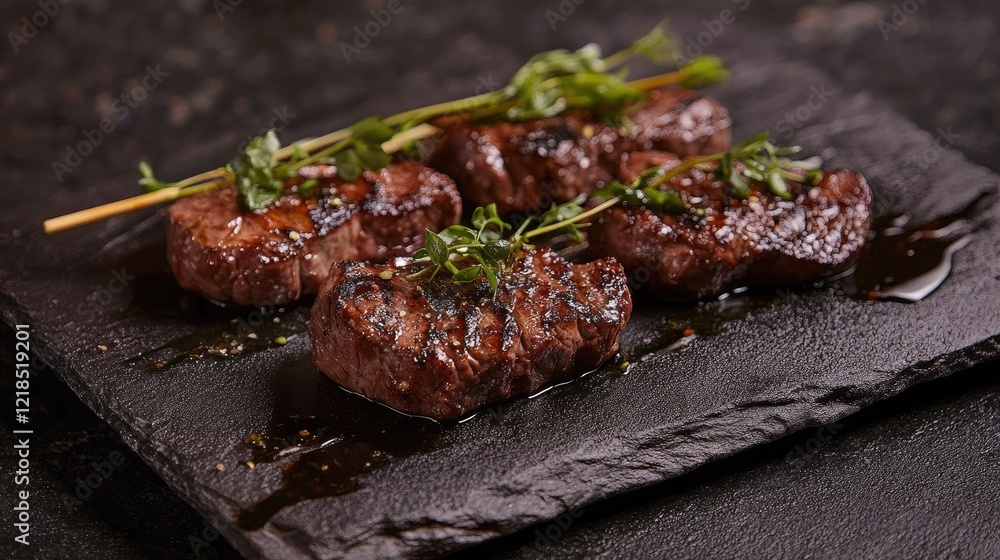 Top-quality marbled beef showcased on a stone plate, accented by fresh sprigs of herbs for flavor. Top-quality marbled beef showcased on a stone plate, accented by fresh sprigs of herbs for flavor.