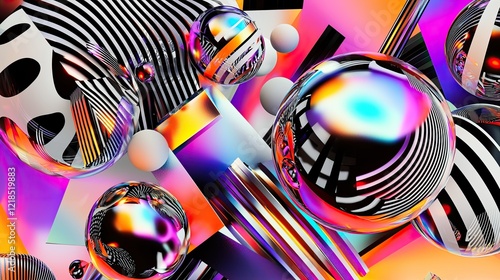 Abstract iridescent spheres, geometric shapes, vibrant background, digital art, website design