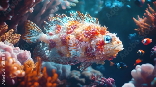Fototapeta Naklejka Na Ścianę i Meble -  A detailed view of a sculpin fish amidst a colorful coral reef ecosystem in the deep blue sea