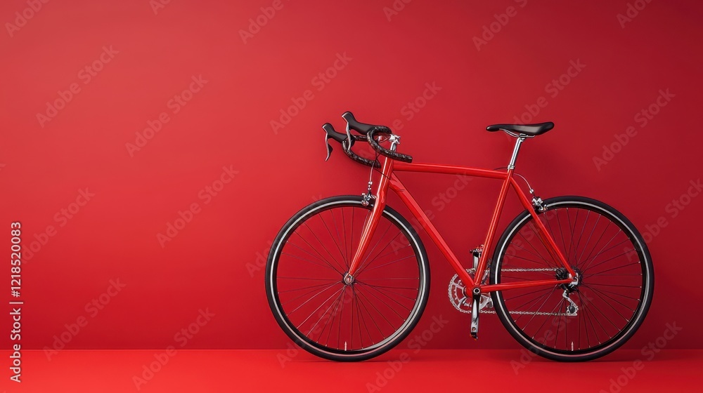 Fototapeta premium Bright red bicycle leaning against a vibrant red wall in a minimalist setting, showcasing design and color contrast