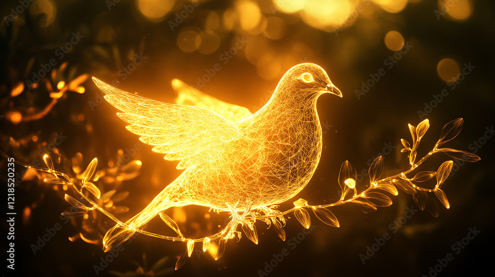 Fototapeta premium A glowing dove perched on a glowing olive branch, symbolizing the promise of peace and prosperity. (3)