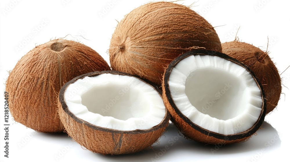 Whole and halved coconuts placed neatly on a white background, capturing their tropical freshness and texture. Whole and halved coconuts placed neatly on a white background, capturing their tropical freshness and texture.