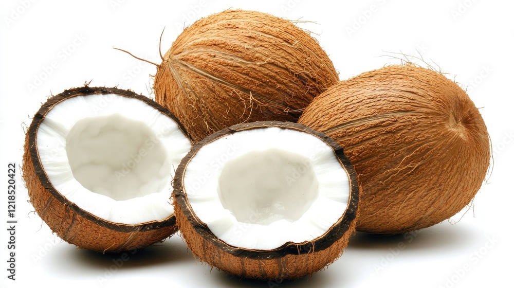 Whole and halved coconuts placed neatly on a white background, capturing their tropical freshness and texture. Whole and halved coconuts placed neatly on a white background, capturing their tropical freshness and texture.