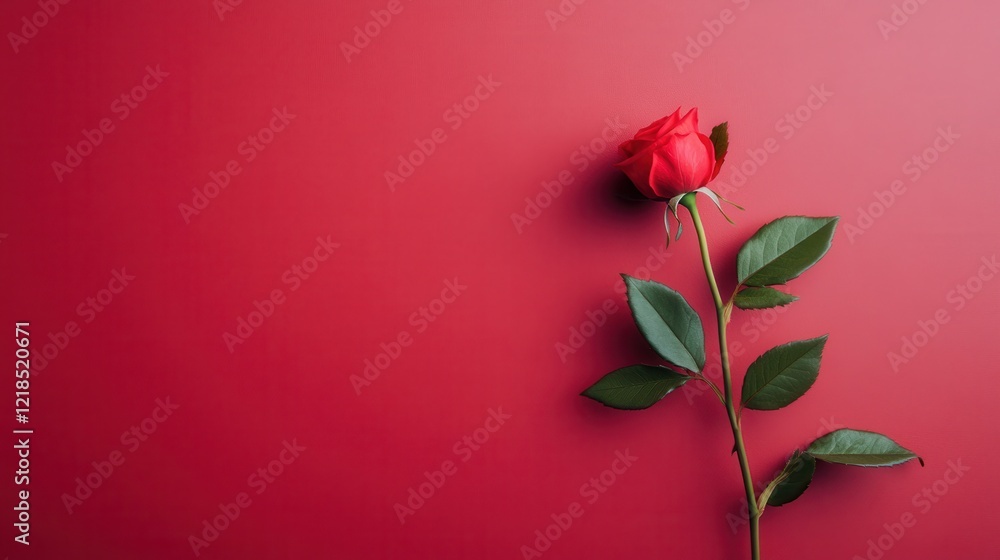Fototapeta premium Beautiful red rose against a vibrant red background highlights the elegance of nature in simple composition