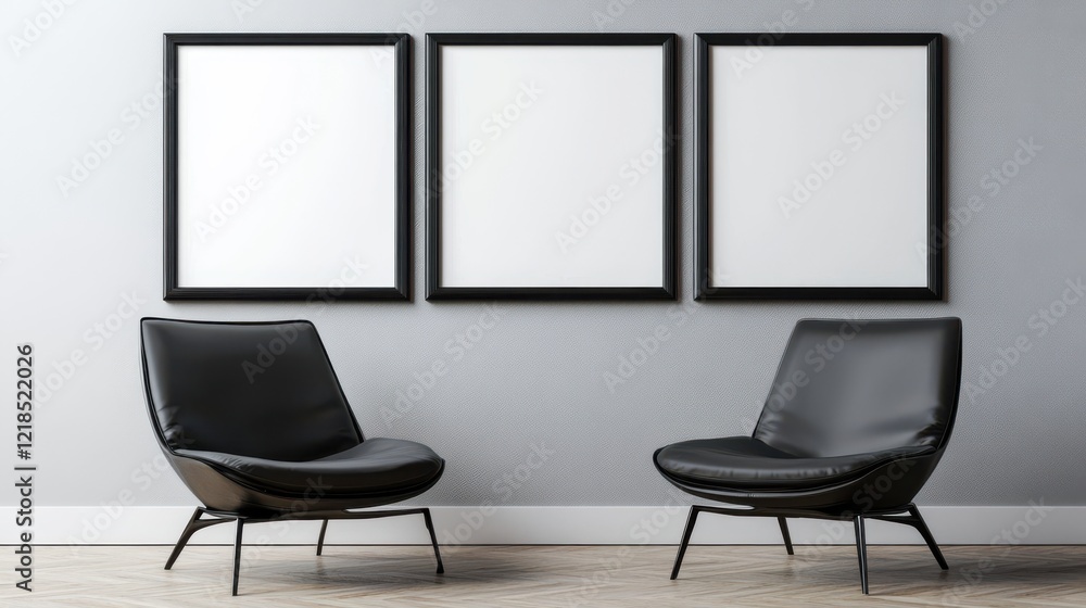 Fototapeta premium Modern Minimalist Living Room With Three Blank Frames And Two Black Leather Armchairs. Clean Lines And Neutral Colors Create A Sophisticated Atmosphere.