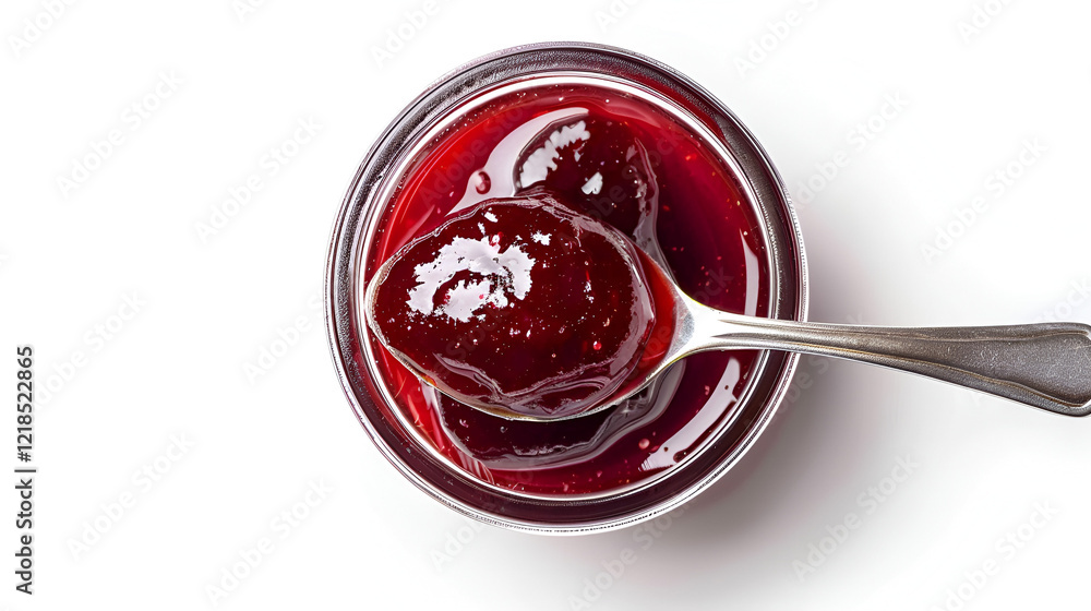 Tasty sweet jam and spoon isolated on white top veiw Tasty sweet jam and spoon isolated on white top veiw
