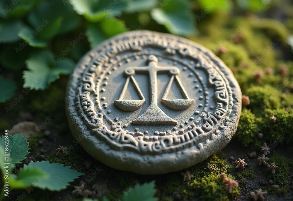 Fototapeta premium Symbol of Justice Rests Among Vibrant Greenery in Tranquil Nature Setting. Generative AI