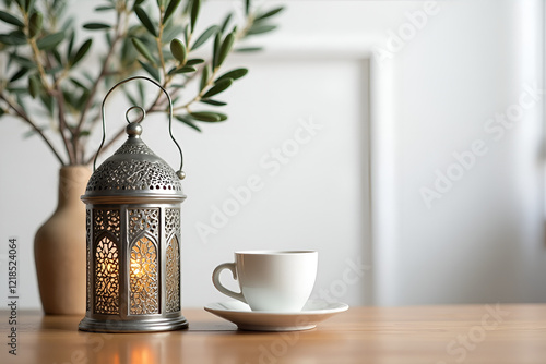 Ramadan Kareem holiday still life. Ornamental silver Moroccan lantern with olive tree branches on wooden table. Cup of Turkish tea. Blurred white wall background. Eid Mubarak, Eid al Adha holiday photo