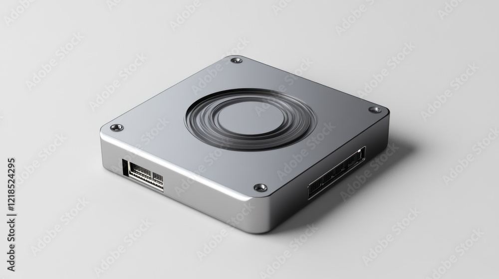 Fototapeta premium Silver tech device, studio shot, white background, data storage