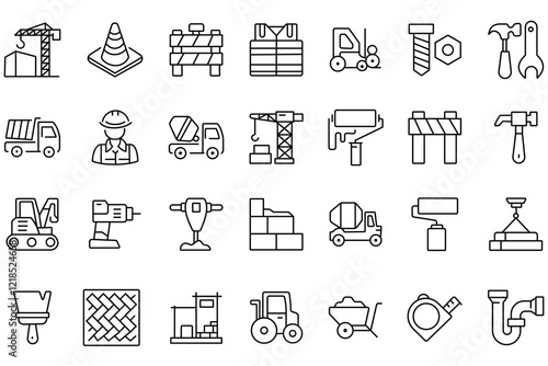 Construction icon vector set. Labor icon set, Thin line icons set of construction and architecture. Construction car, Bulldozer, crane, machine icon vector illustration. 