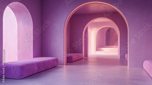 Purple arched hallway interior design, light illuminating path, minimalist aesthetic, product display backdrop