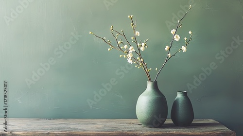 Spring blossoms in vase on rustic wooden table against green wall, home decor, peaceful scene