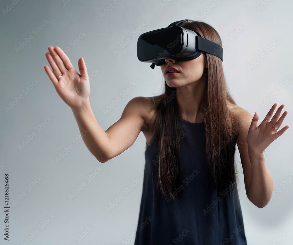 Elegant Woman in VR Headset Surrounded, Connecting to the Metaverse, Holding a Virtual Object in Futuristic Cyberspace Community Elegant Woman in VR Headset Surrounded, Connecting to the Metaverse, Holding a Virtual Object in Futuristic Cyberspace Community