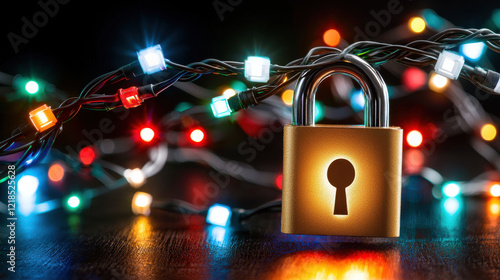 golden padlock illuminated by colorful lights symbolizes cybersecurity awareness and protection. vibrant lights create festive atmosphere, enhancing theme of security