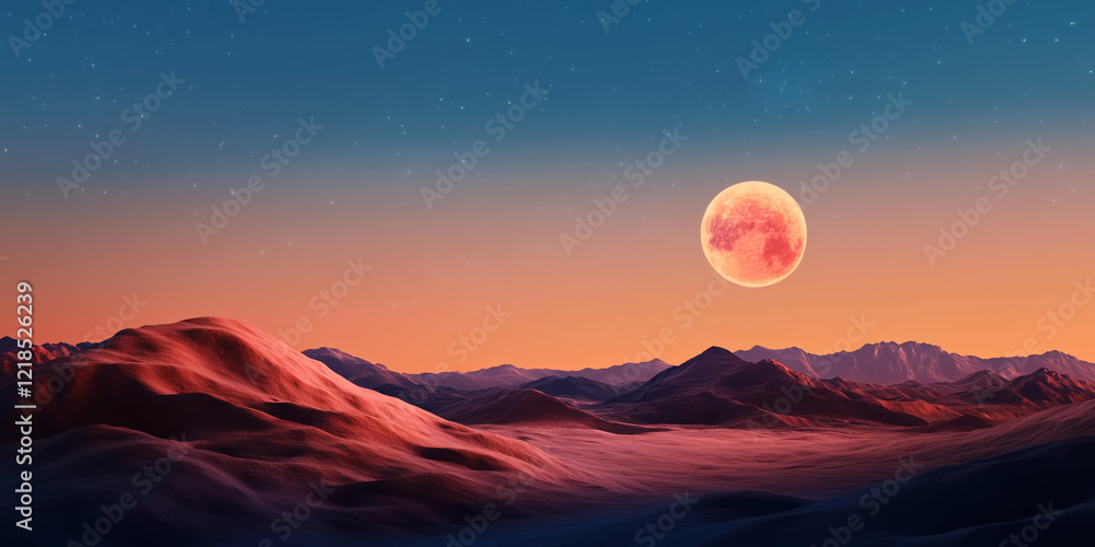 Fototapeta premium Huge pink moon rising above surreal desert landscape at sunset