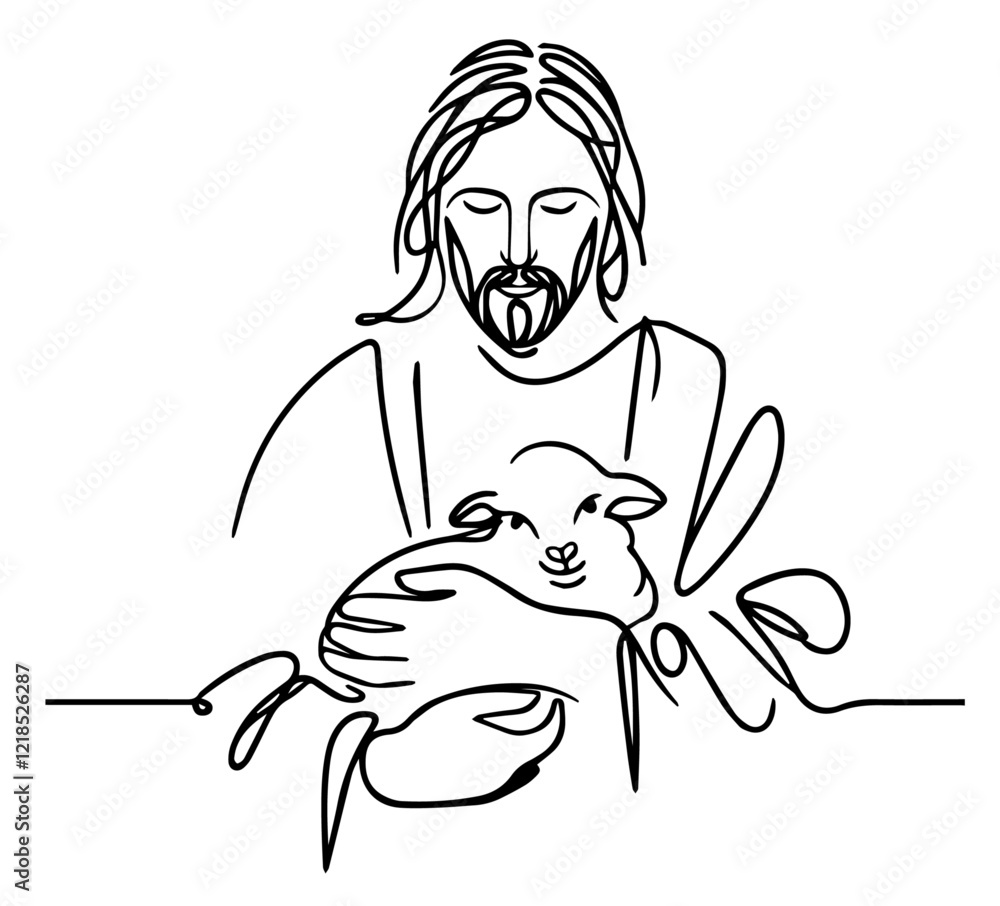 Obraz premium Jesus Christ holding a lamb in one continuous line illustration laser cutting engraving