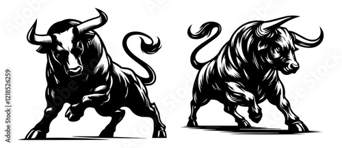 dynamic charging bulls in black silhouette illustration