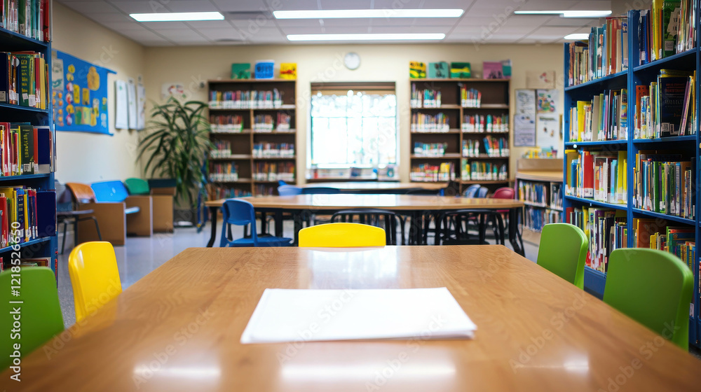 Bright and Airy Library with Blank Document on Table Surrounded by Colorful Chairs Bright and Airy Library with Blank Document on Table Surrounded by Colorful Chairs