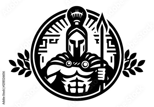 ancient warrior with spear and helmet in decorative black silhouette logo style