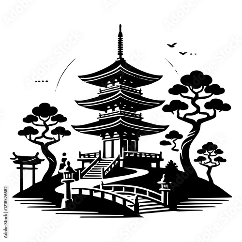 traditional asian pagoda with trees, bridge, and lanterns in black silhouette photo